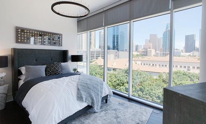 Dallas Victory Park luxury apartment bedroom