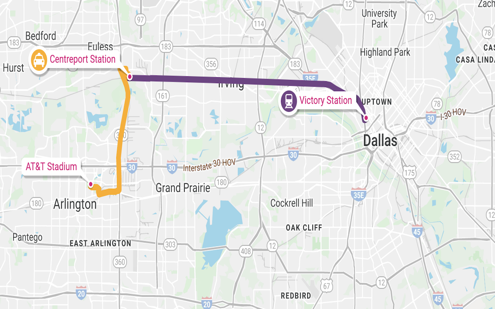 map - public transport to Arlington from Dallas, tx