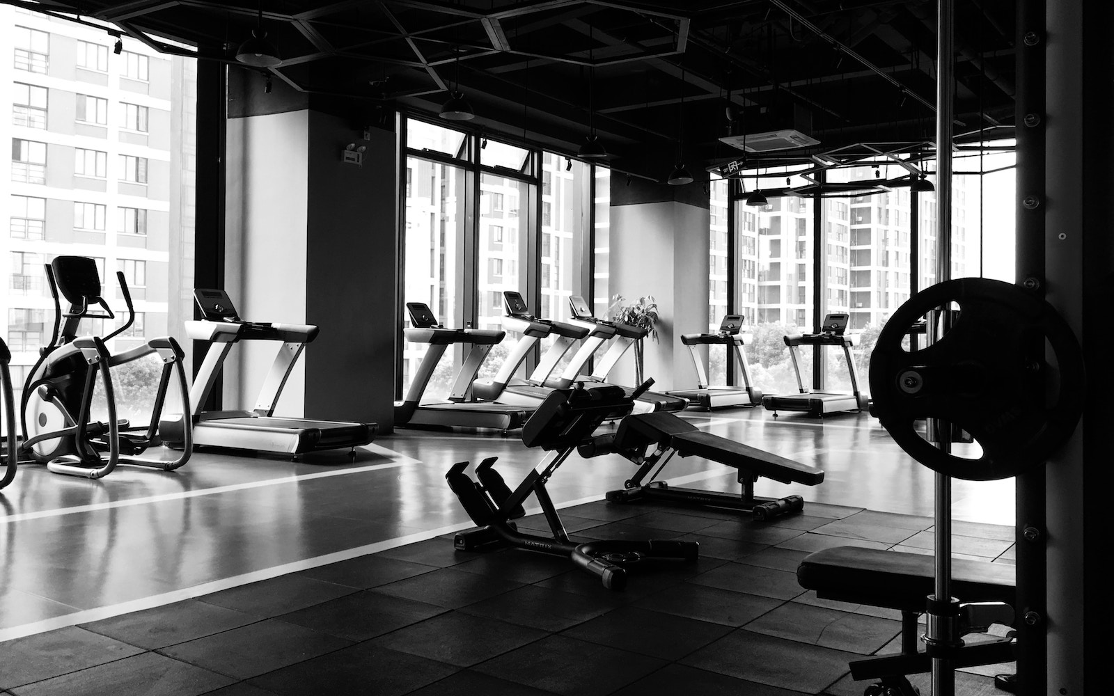 apartment gym black and white photo