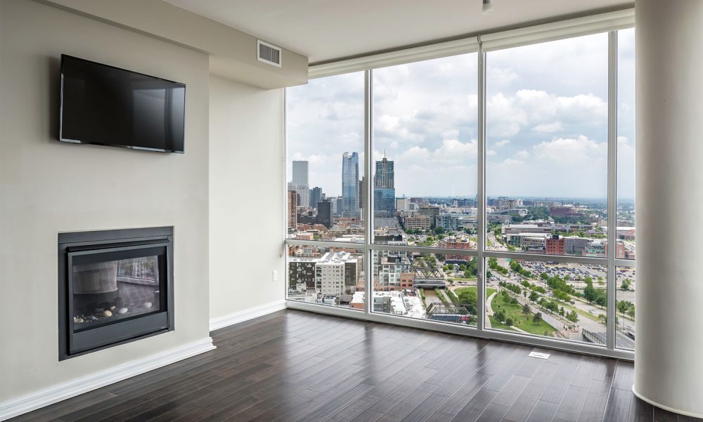 luxury apartment floor-to-ceiling windows with downtown views
