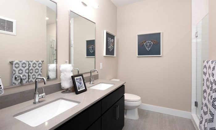 luxury apartment bathroom with dual vanity