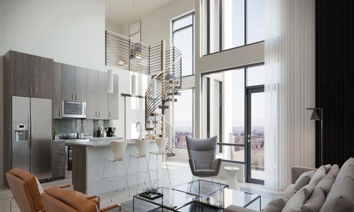 luxury split-level apartment with large glass windows