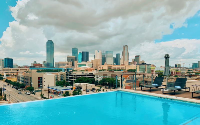 Rooftop pool with view of downtown Dallas, Tx