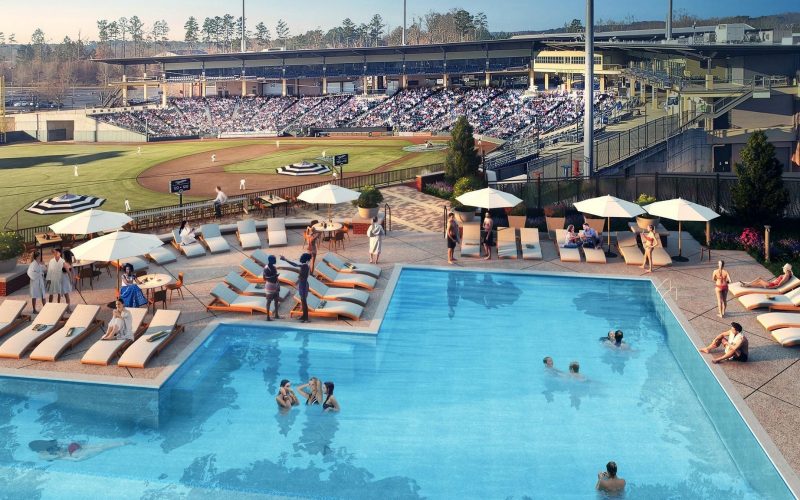Rendering of apartment complex pool deck with view of baseball stadium