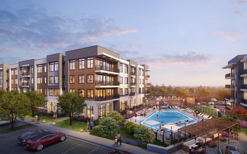Rendering of apartment complex building and pool deck during sunset