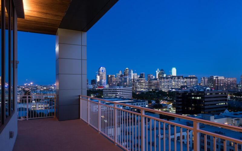 Views of the Downtown skyline from an apartment balcony in Dallas Texas