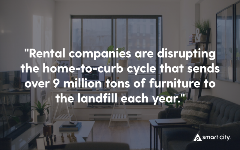 Image of a furnished apartment with text that reads "Rental companies are disrupting the home-to-curb cycle that sends over 9 million tons of furniture to the landfill each year." 
