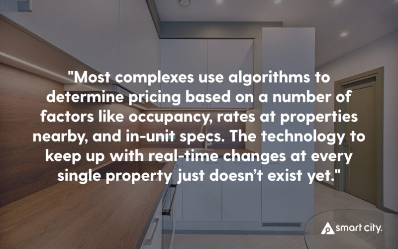 Quote image over empty apartment that says "Apartments lease quickly, and most complexes use algorithms to determine pricing based on a number of factors like occupancy, rates at properties nearby, and in-unit specs. The technology to keep up with real-time changes at every single property just doesn’t exist yet"