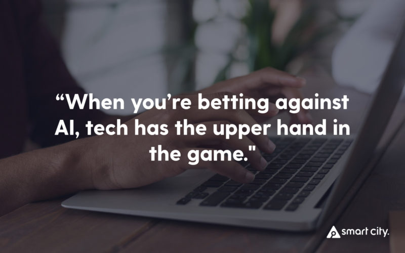 image that reads: when you're betting against AI, tech has the upper hand in the game. behind, an image of a person using a laptop.