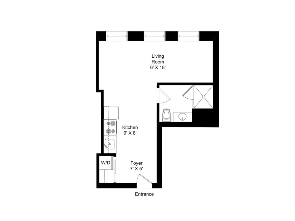 The floor plan features a compact layout with distinct areas. The living room measures 6' x 18' and is located at the top. Adjacent to it is the kitchen, sized at 9' x 8', which includes essential appliances. Below the kitchen is a foyer measuring 7' x 5', leading to the entrance. A washer/dryer unit (W/D) is also indicated in the layout. The overall design emphasizes functionality in a small space.