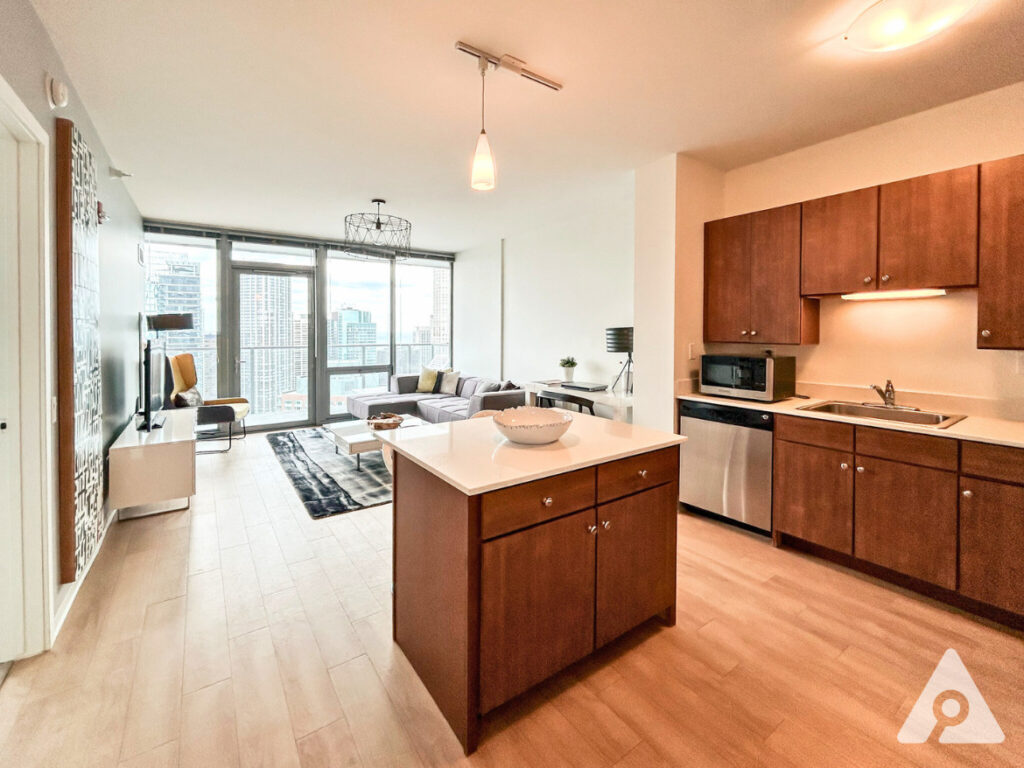 Chicago Apartment kitchen and living room