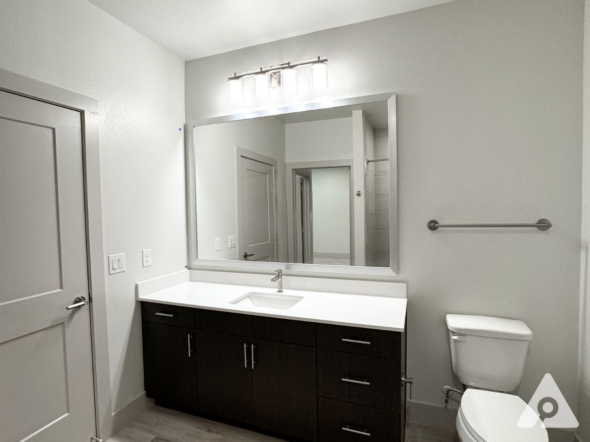 A modern bathroom features a large mirror above a white countertop with a rectangular sink. The cabinetry below is dark wood with sleek silver handles. To the right, a white toilet is positioned next to a towel bar. The walls are painted in a light color, and a stylish light fixture with multiple bulbs is mounted above the mirror. A door is visible on the left side, leading to another area of the bathroom. The flooring is light-colored, enhancing the overall brightness of the space.
