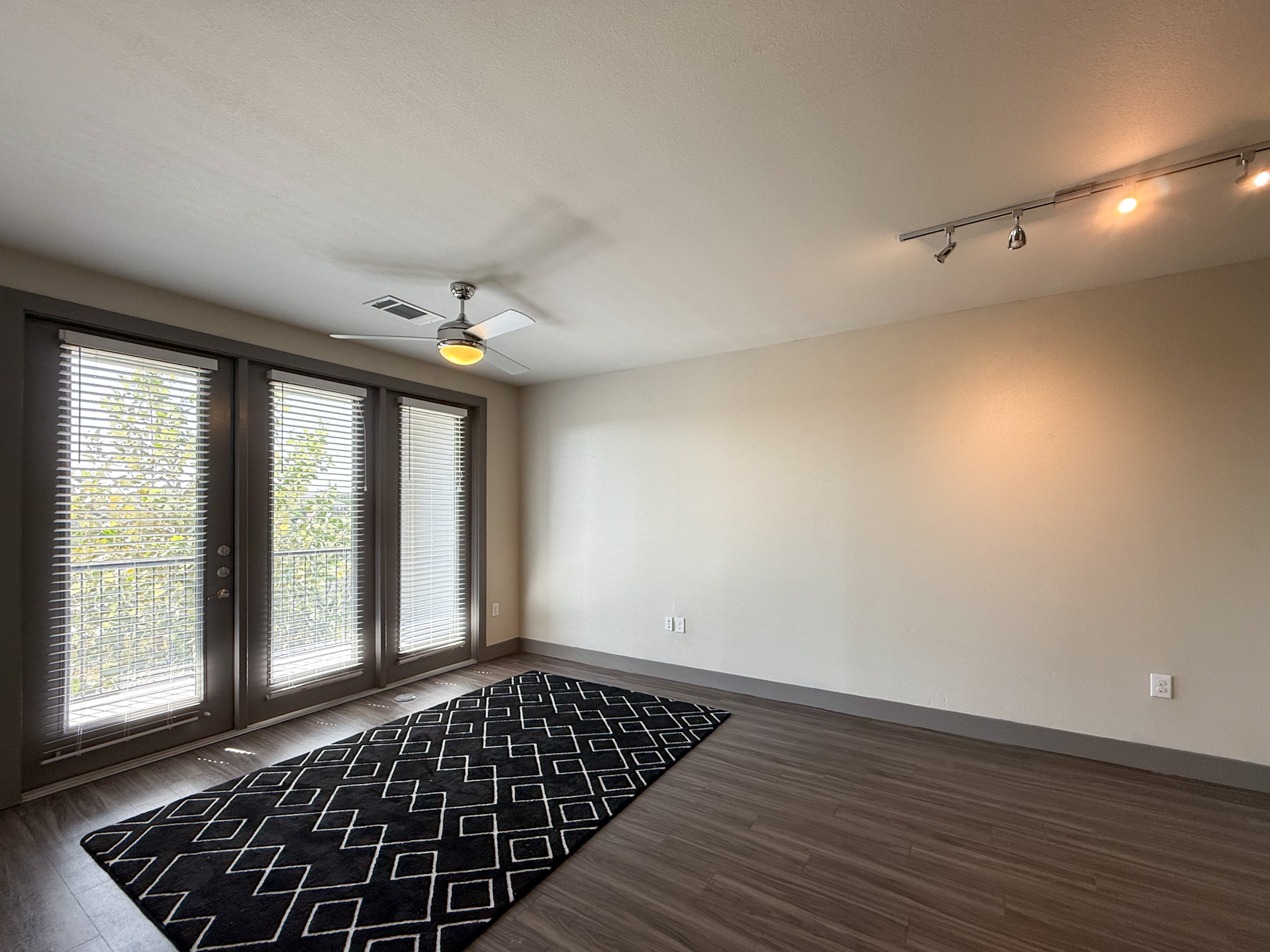 Modern San Antonio apartment living room with wood floors