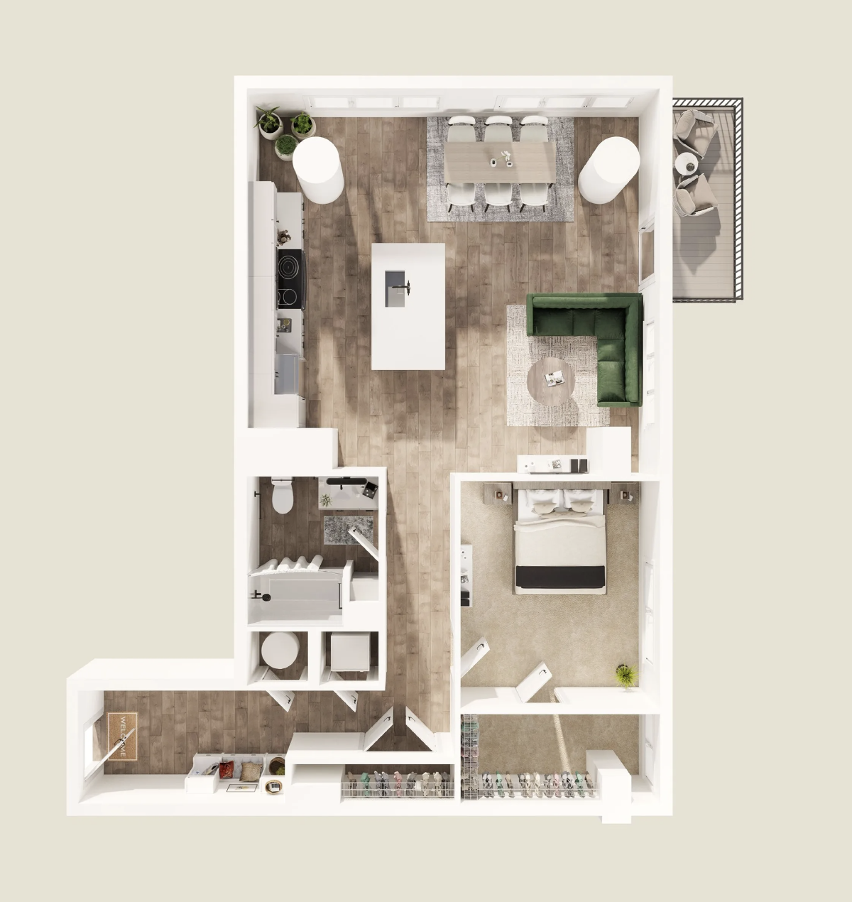 Nashville Midtown apartment, 1 bedroom floor plan layout.