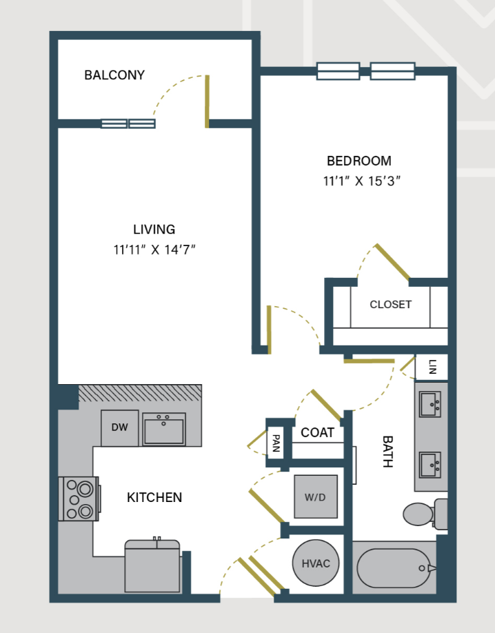 Nashville Midtown apartment, 1 bedroom floor plan layout