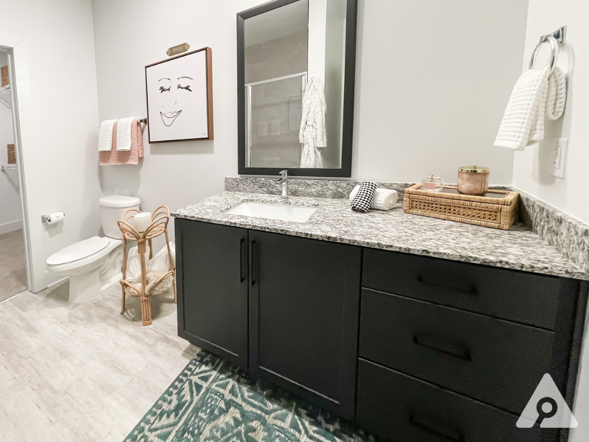 Midtown Atlanta apartment bathroom with lots of storage and counter space.