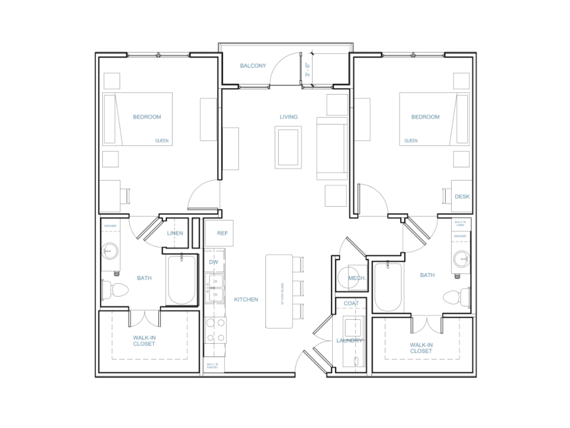 West Midtown Atlanta apartment, 2 bedroom floor plan.