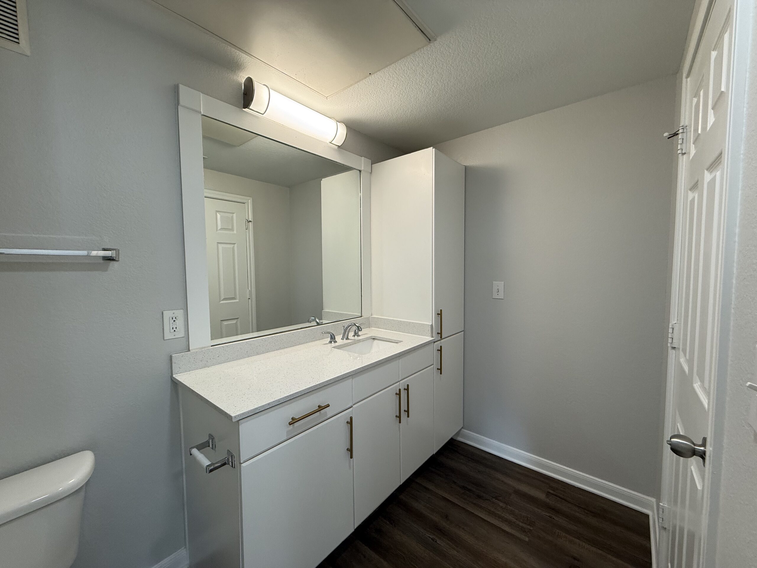 A modern bathroom features a white vanity with a smooth countertop and dual sinks. Above the sinks, a large mirror is framed in white, reflecting the space. A light fixture with a cylindrical design is mounted above the mirror. The walls are painted in a soft gray, and there is a towel bar on the left side. A white door leads to another room, and the flooring is a dark wood finish, adding contrast to the overall light color scheme.