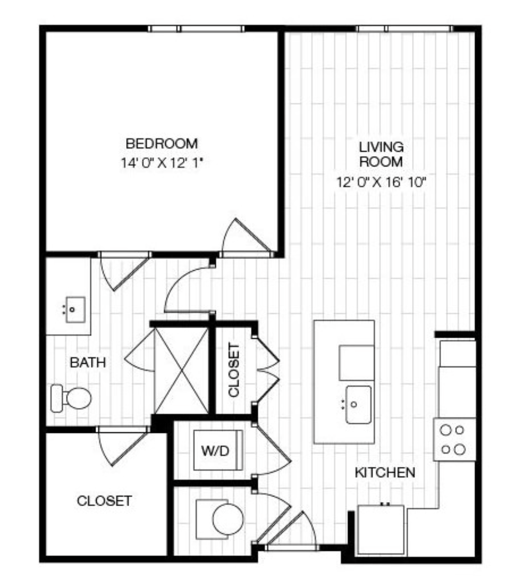 Midtown Atlanta apartment, 1 bedroom floor plan layout.