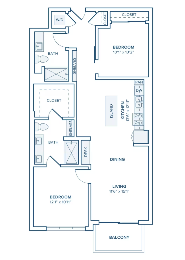 Downtown Nashville apartment, 2 bedroom floor plan.