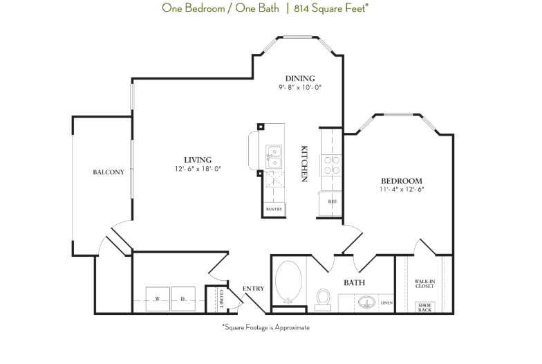 The floor plan depicts a one-bedroom, one-bath apartment with a total area of 814 square feet. Key features include: - **Living Area**: 12'6" x 18'0", connected to a balcony. - **Dining Area**: 9'8" x 10'0", adjacent to the kitchen. - **Kitchen**: Includes a pantry and space for appliances. - **Bedroom**: 11'4" x 12'6", with a walk-in closet. - **Bathroom**: Accessible from the bedroom and includes a linen closet. - **Entryway**: Features space for a washer and dryer. The layout is designed for efficient use of space, with clear delineation between living, dining, and private areas.