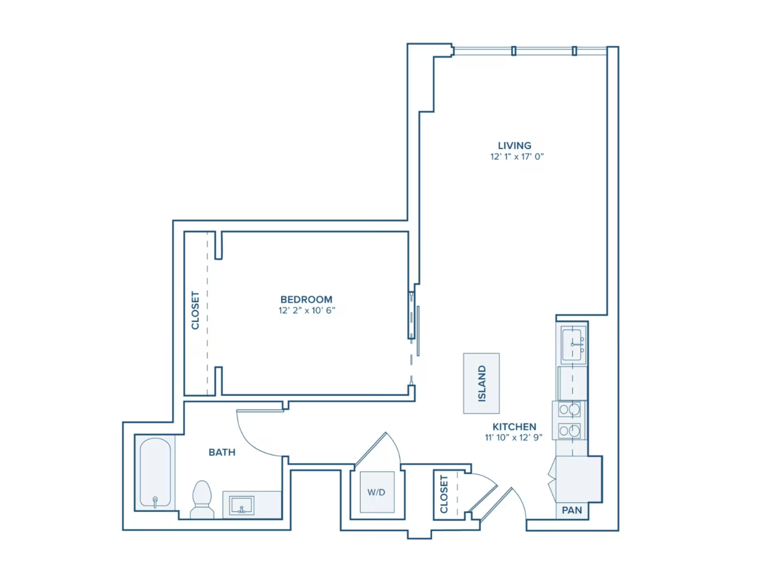 Downtown Nashville apartment, 1 bedroom, soft loft floor plan.