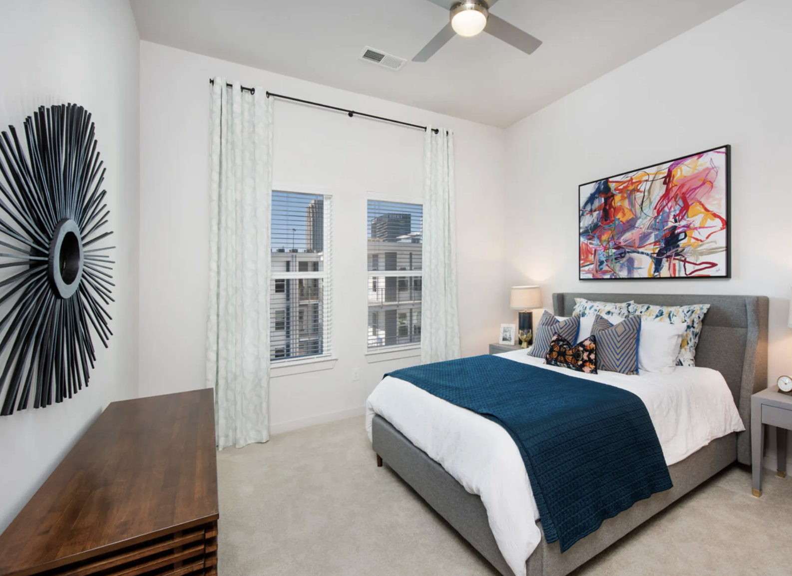 Midtown Atlanta apartment bedroom with carpet.