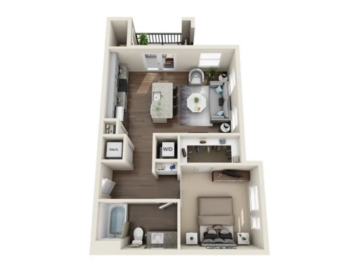 The image depicts a floor plan of a small apartment. It features a living area with a sofa and coffee table, adjacent to a dining space with a large table. The kitchen is located along one wall, equipped with appliances and counter space. A laundry area is indicated, labeled "W/D." The bathroom includes a bathtub and toilet. A bedroom is situated in the lower right corner, furnished with a bed and side tables. The layout is open and functional, with natural light suggested by multiple windows.