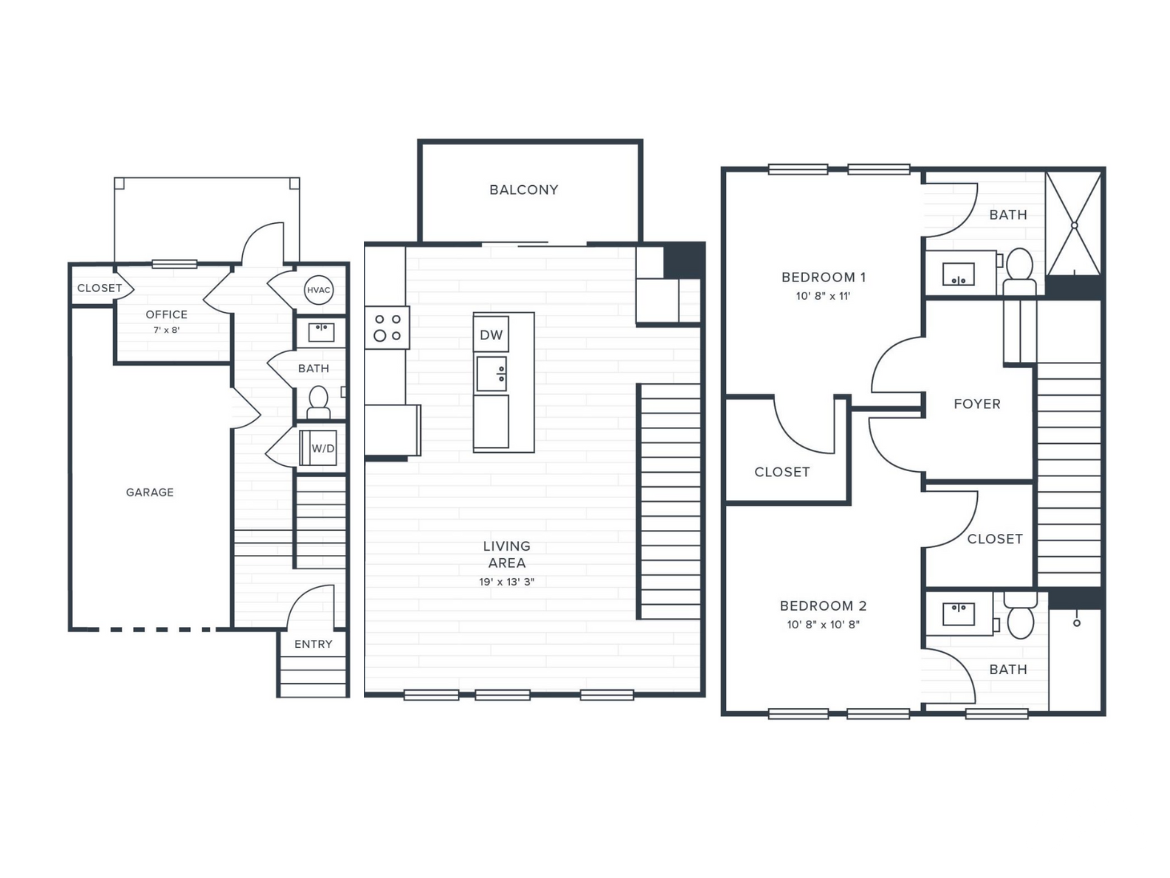 Atlanta townhomes, 3 story, 2 bedroom floor plan.