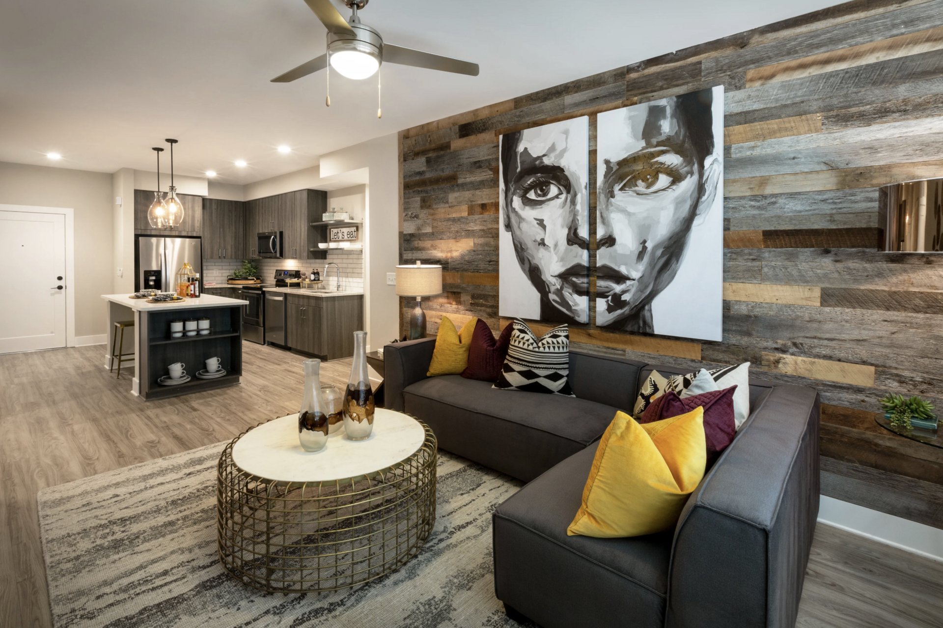 Grant Park apartment living room with wooden accent wall.