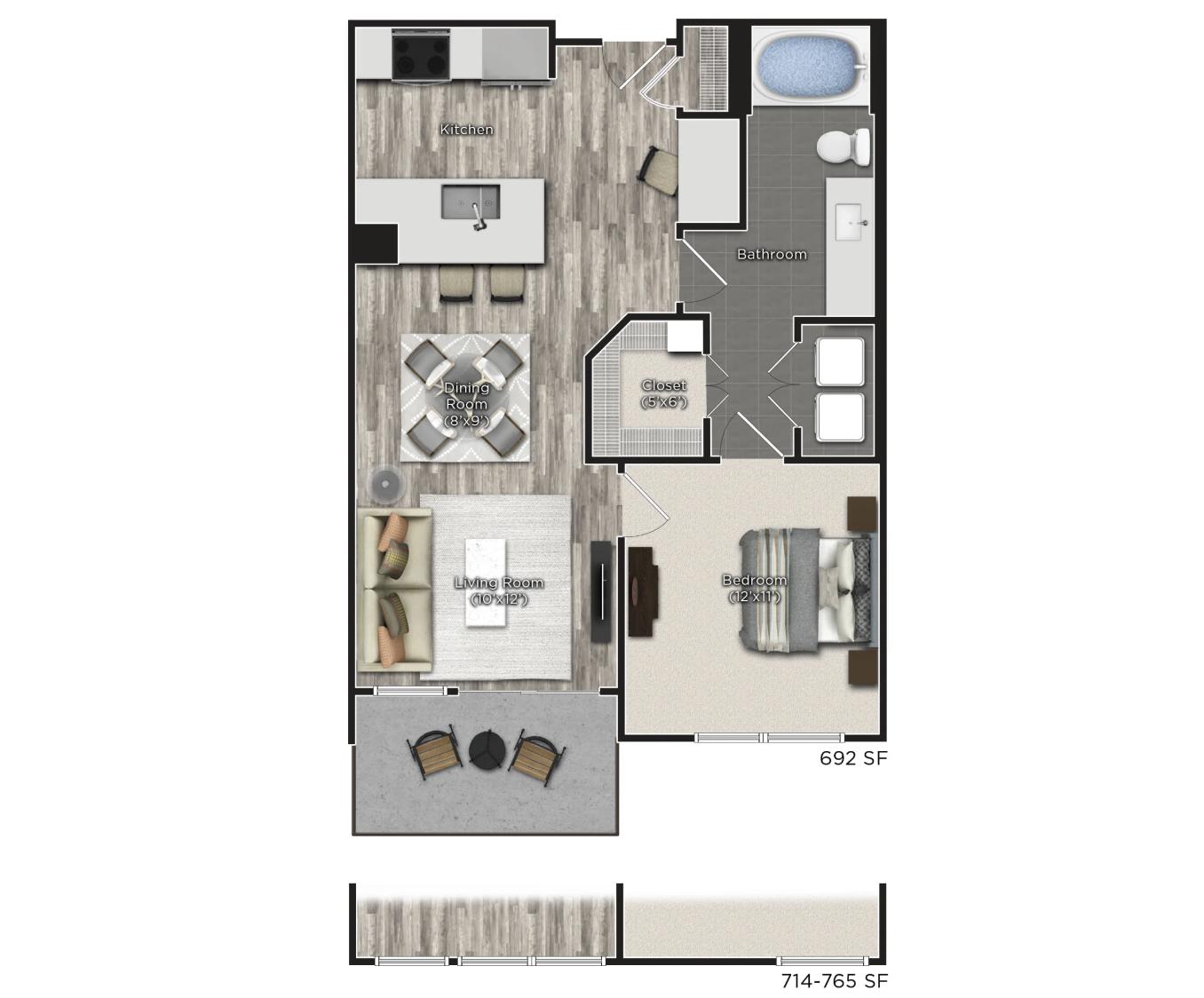 Midtown Atlanta apartment, 1 bedroom floor plan.