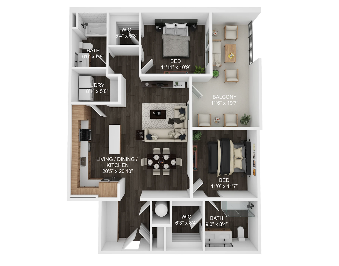 Germantown apartment, 2 bedroom floor plan.