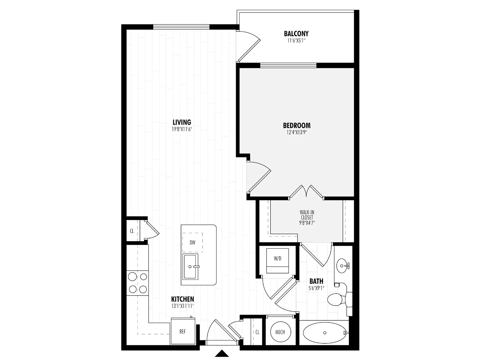 West Midtown Apartment, 1 bedroom floor plan.