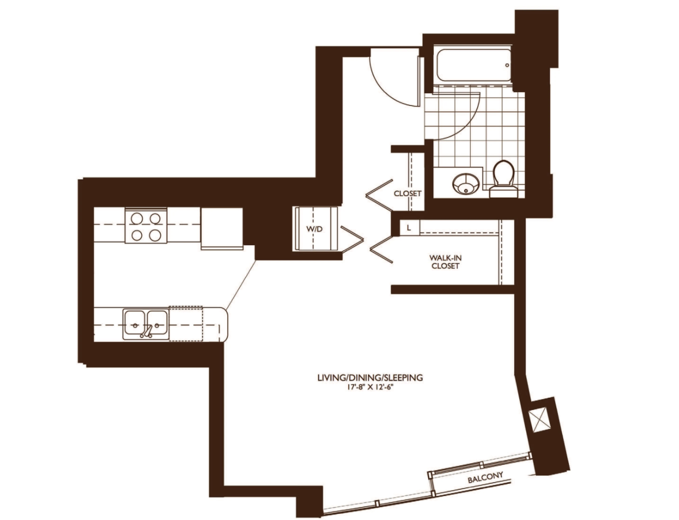 The floor plan features a compact layout with distinct areas. On the left, there is a kitchen area with a stove and sink, adjacent to a washer and dryer unit. The central space is designated as the living/dining/sleeping area, measuring 17'8" by 12'6". To the right, there is a bathroom with a bathtub, toilet, and sink, along with two closets: one standard and a walk-in closet. A balcony extends from the living area, providing outdoor space.