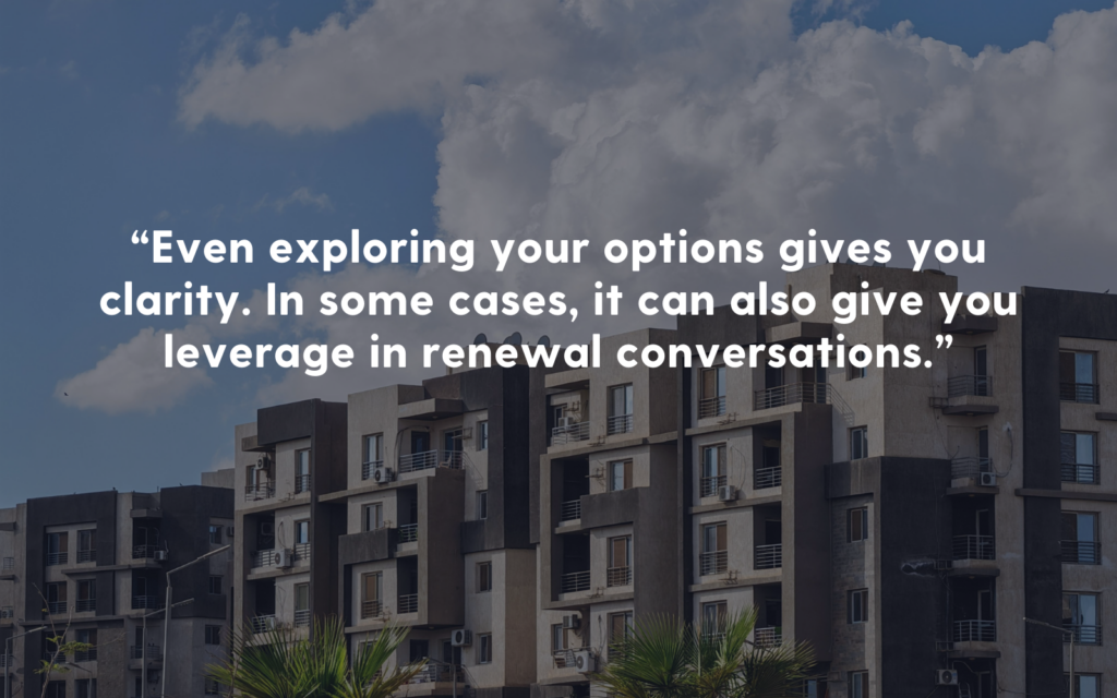 should you renew your lease or move? An apartment complex with quote from the blog. 