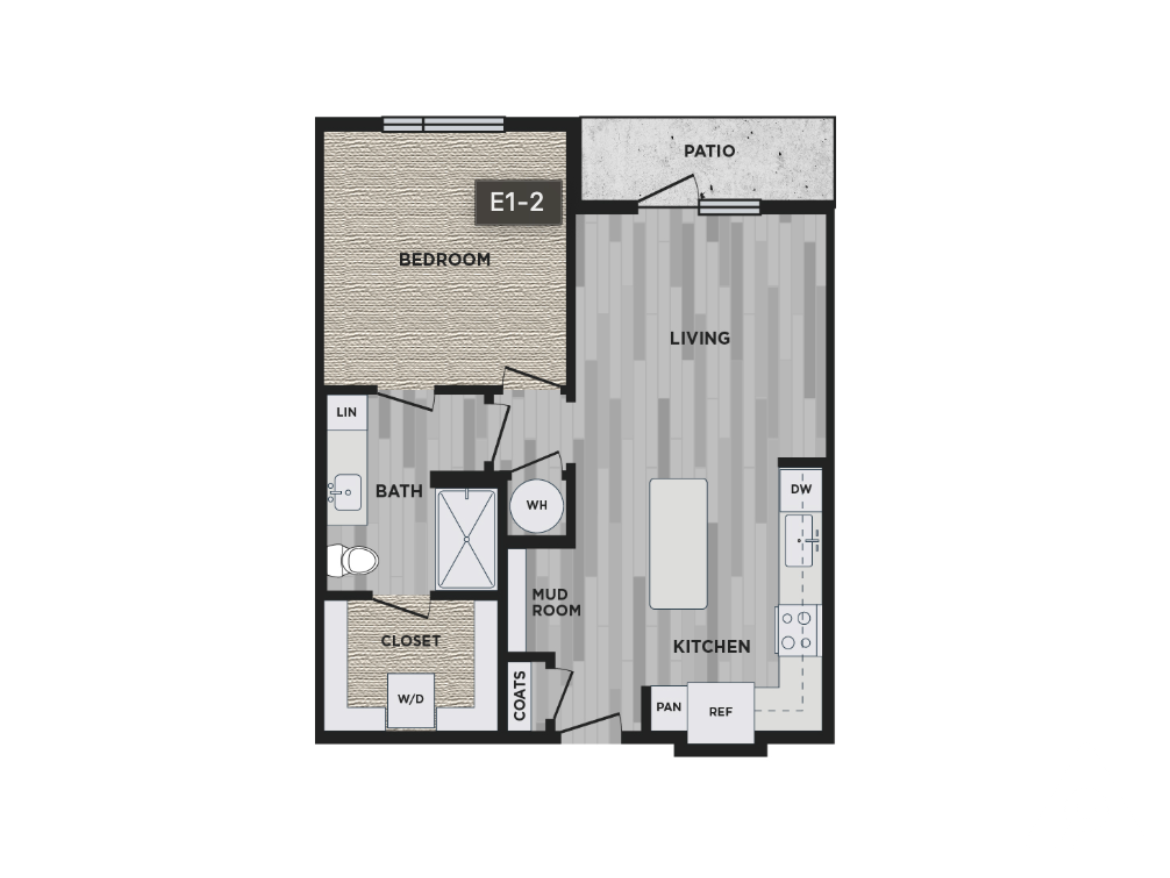 The layout features a one-bedroom apartment design. The bedroom is located in the upper left corner, adjacent to a bathroom. Below the bathroom is a closet and a mudroom area. The living space is situated on the right side, leading to a patio. The kitchen is integrated into the living area, equipped with a refrigerator, dishwasher, and a pantry. The flooring appears to be a light wood pattern throughout the main areas.