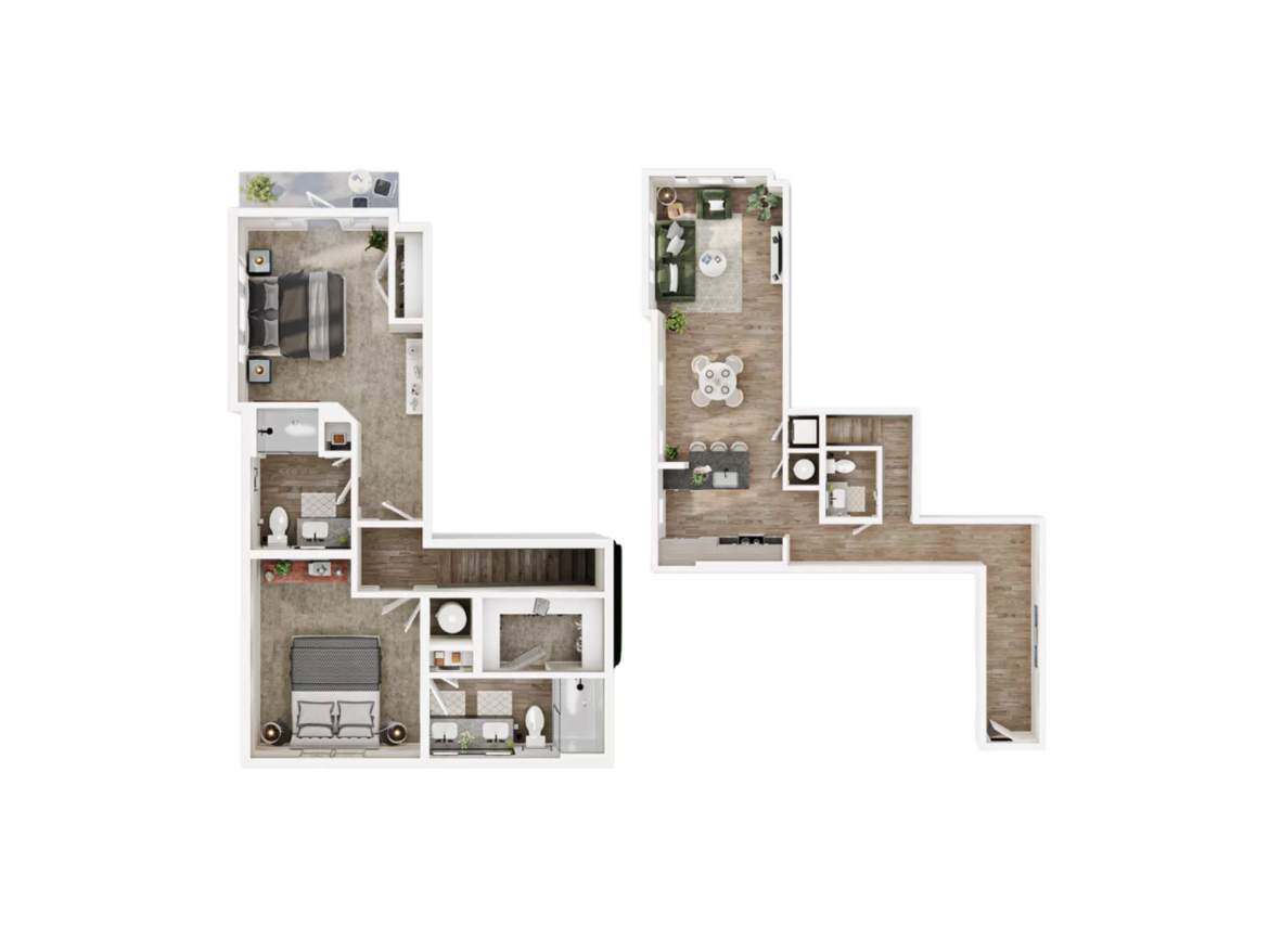The image displays a floor plan of a multi-room apartment. The layout features a combination of living spaces, including a bedroom, a bathroom, and a kitchen area. The bedroom is located in the upper left corner, furnished with a bed and side tables. Adjacent to it is a bathroom. The lower left section includes another bedroom with a bed and a bathroom nearby. The right side of the layout showcases a living area with a sofa, coffee table, and dining space, connected to a kitchen area. The overall design emphasizes an open concept with clear divisions between rooms.