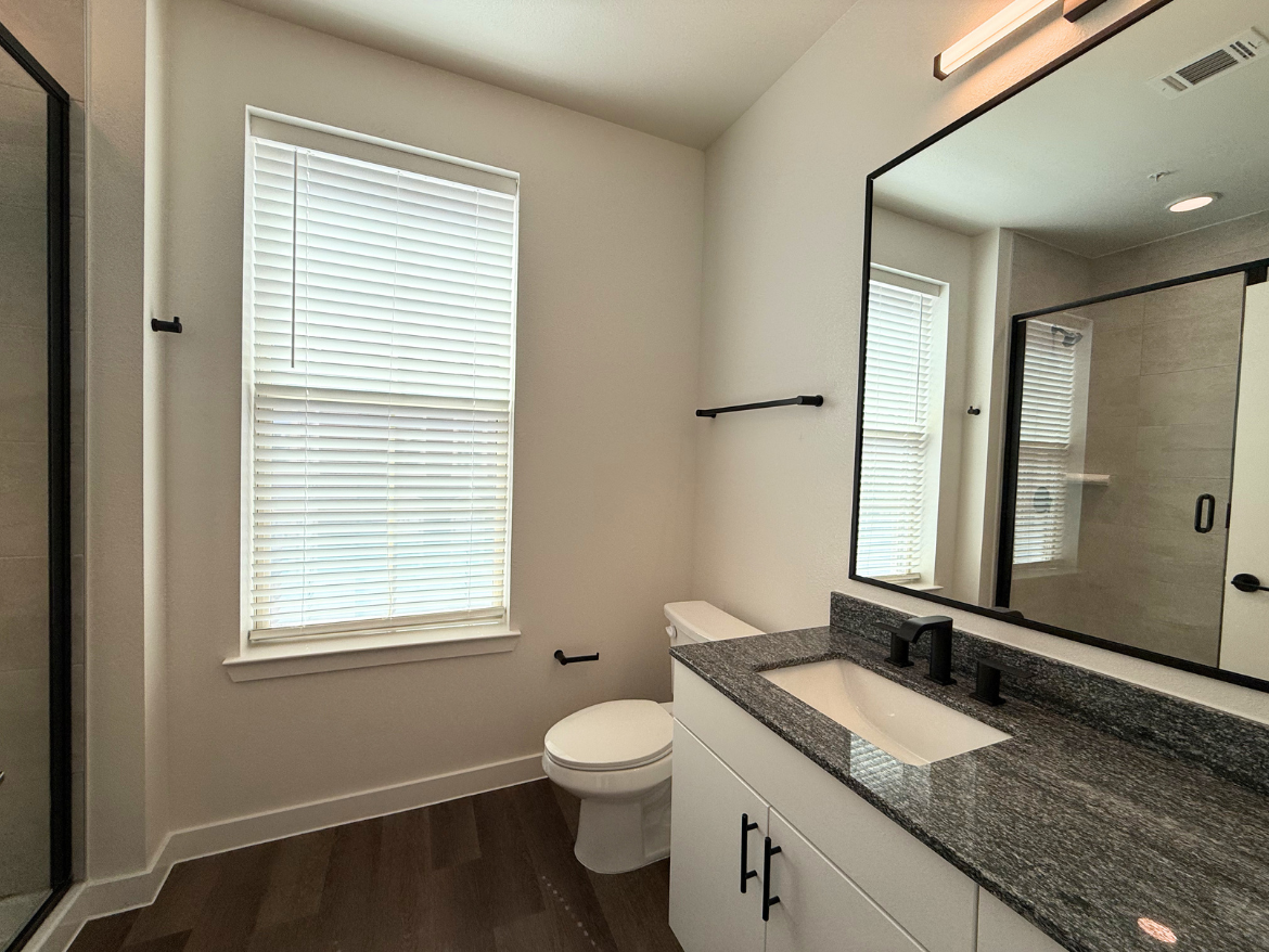 A modern bathroom features a large mirror with a black frame above a sleek granite countertop. The countertop includes a white sink with black faucet fixtures. To the left, there is a toilet, and a glass shower enclosure is visible in the corner. Natural light streams in through a window with white blinds, illuminating the space. The walls are painted in a light color, and the flooring is a dark wood finish. A towel bar is mounted on the wall beside the shower.