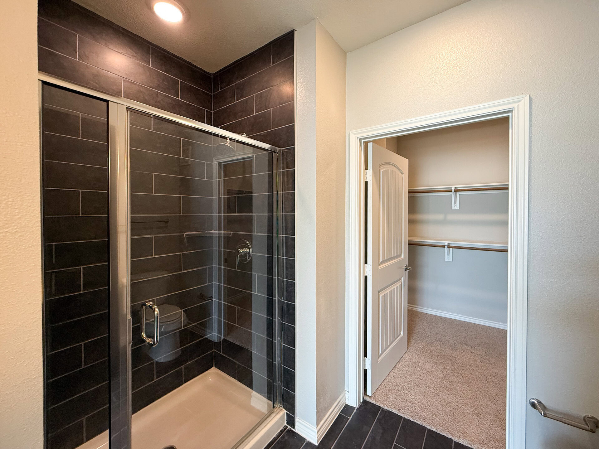 A modern standing shower space features a glass-enclosed shower with dark tile walls and a light-colored shower floor. The shower includes a chrome showerhead and a sleek handle.