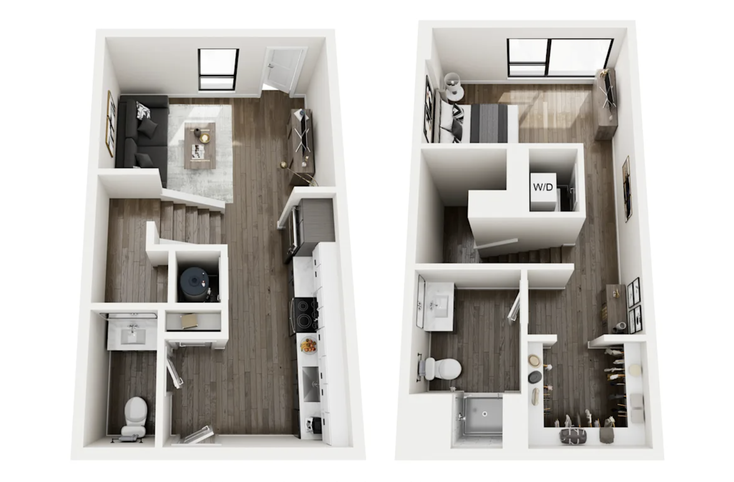 Apartments in Downtown Nashville, 1 bedroom split level floor plan.