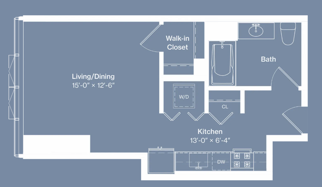 The floor plan features a compact layout with designated areas for living, dining, kitchen, bath, and a walk-in closet. The living/dining area measures 15' x 12'6", while the kitchen is 13' x 6'4". The bathroom is positioned adjacent to the kitchen, and there is a walk-in closet nearby. The kitchen includes space for appliances and a dining area, providing a functional living space.