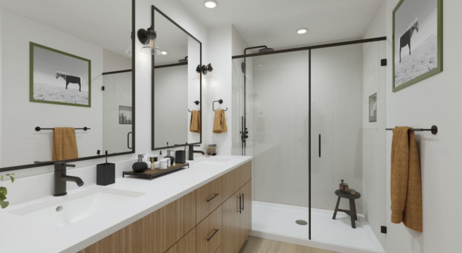 Fort Worth Townhomes bathroom with a double vanity and walk in shower.