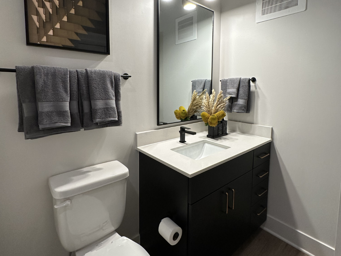 A modern bathroom features a sleek black vanity with a white countertop and a rectangular sink. Above the sink is a large mirror, reflecting the space. On the wall, there are two gray towels neatly hung on a black towel rack. A small decorative arrangement of dried flowers in a black vase sits on the countertop. To the left, a white toilet is positioned against the wall, and a roll of toilet paper is visible beneath the vanity. The walls are painted in a light color, enhancing the overall brightness of the room.