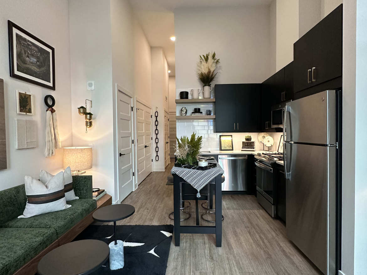 A modern kitchen and living area are showcased in this image. The living space features a green sectional sofa adorned with decorative pillows, accompanied by two black side tables. A stylish lamp provides warm lighting. The kitchen area includes sleek black cabinetry, stainless steel appliances, and a white subway tile backsplash. A small island with a checkered tablecloth and decorative plants adds a touch of greenery. The flooring is a light wood, enhancing the contemporary aesthetic.