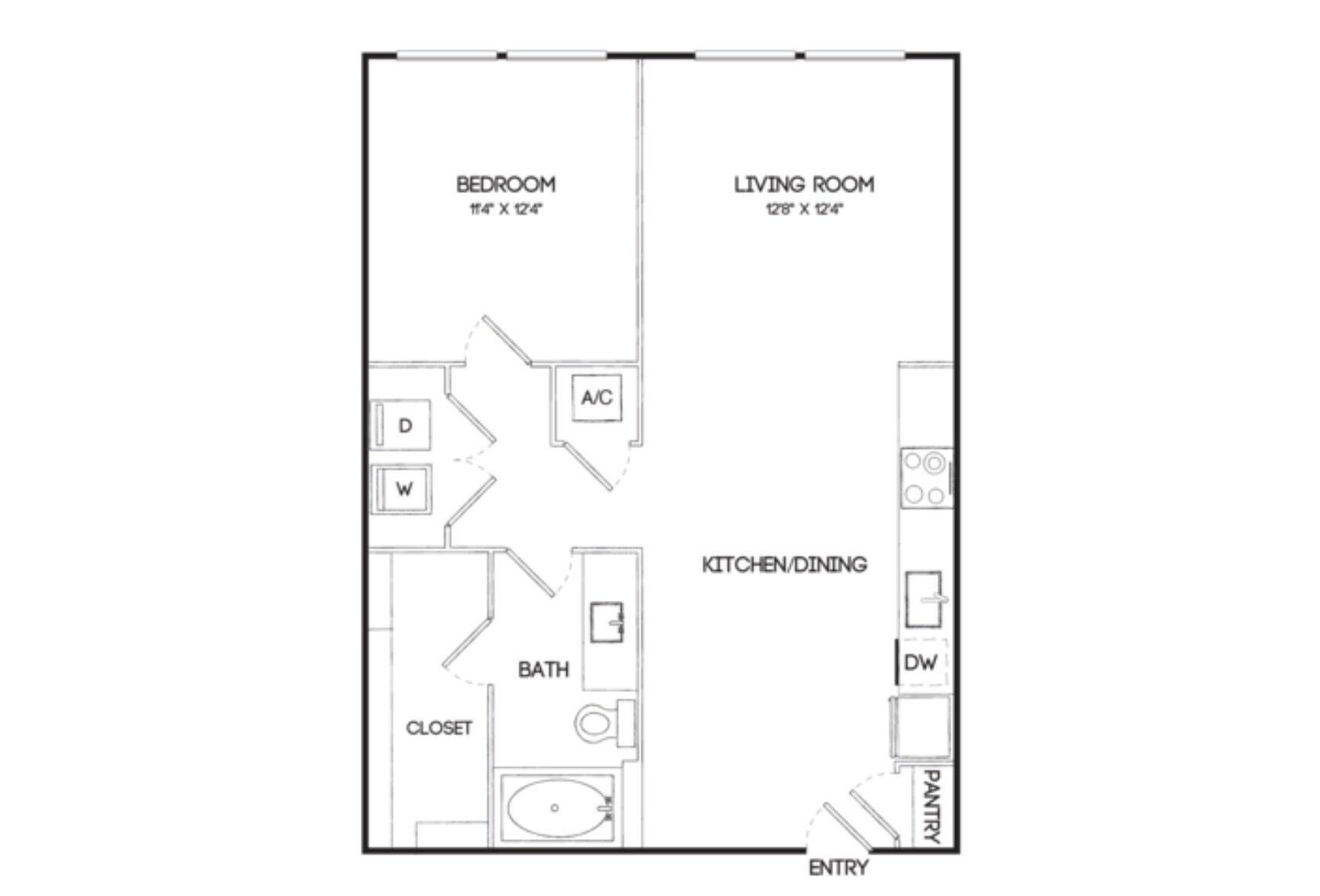 The floor plan features a one-bedroom apartment layout. The bedroom measures 11'4" x 12'4" and is located on the left side. Adjacent to it is the living room, which measures 12'8" x 12'4". The kitchen and dining area are situated at the bottom right, with a pantry and entryway nearby. A bathroom is accessible from the hallway, and there is a closet in the bedroom. The kitchen includes space for a dishwasher (DW) and has designated areas for a stove and refrigerator.