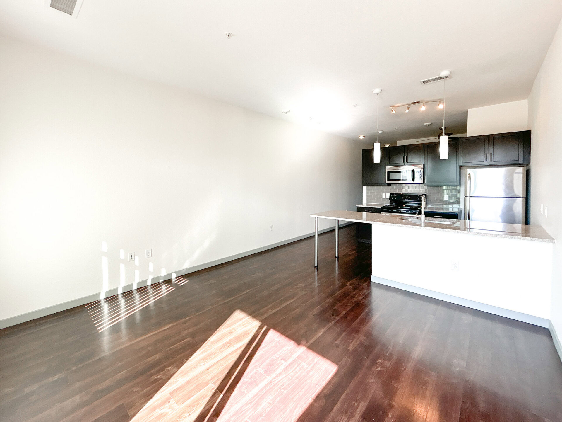 A modern kitchen and living area with an open layout. The kitchen features dark cabinetry, stainless steel appliances, and a granite countertop that extends into a small breakfast bar. The flooring is dark wood, and the walls are painted a light color, creating a bright and airy atmosphere. Natural light streams in, casting shadows on the floor.