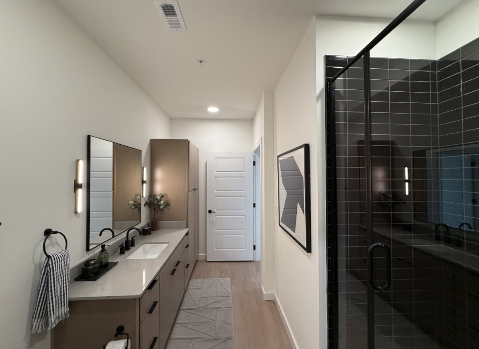 Nashville Apartment bathroom with tons of counter space and a walk in shower with black tile.