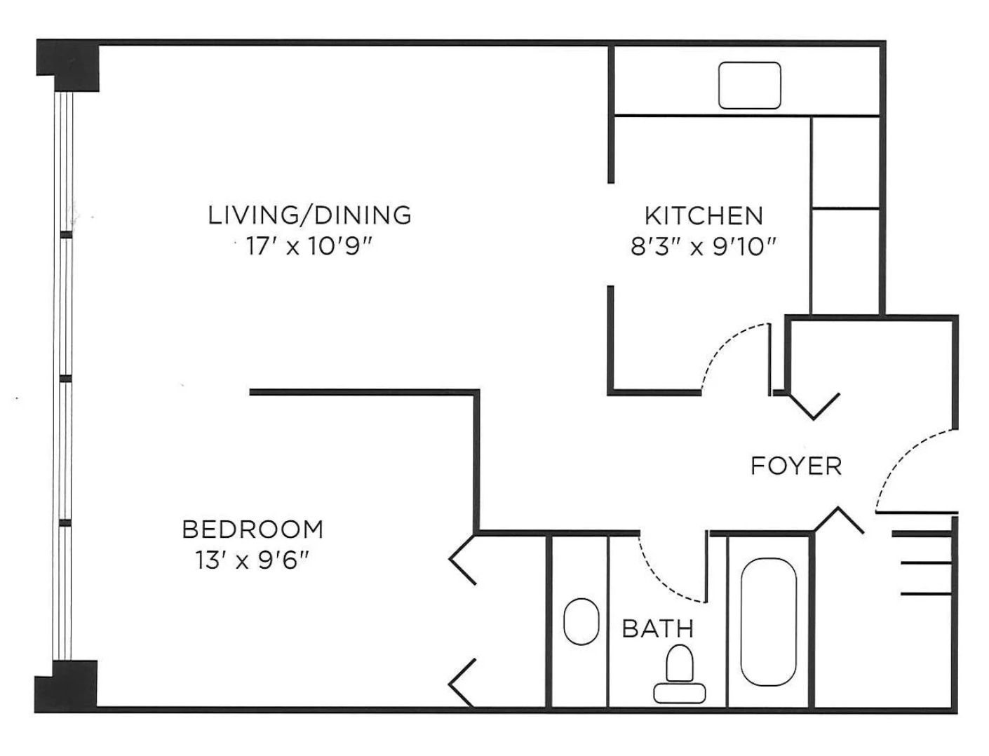 The floor plan features a layout with distinct areas labeled as follows: - **Living/Dining Area**: Measures 17' x 10'9", located at the top left. - **Kitchen**: Positioned at the top right, measuring 8'3" x 9'10". - **Foyer**: Adjacent to the kitchen, leading to other areas. - **Bedroom**: Located at the bottom left, measuring 13' x 9'6". - **Bathroom**: Next to the bedroom, includes a tub and toilet. The layout is designed for efficient use of space, with clear separations between living, cooking, and sleeping areas.