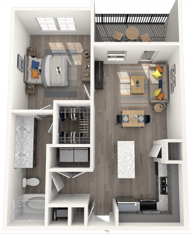 The layout features a one-bedroom apartment with a modern design. The bedroom includes a bed with decorative pillows, nightstands, and a small table. Adjacent to the bedroom is a bathroom with dual sinks and a shower. The living area showcases a sofa with colorful cushions, a coffee table, and a dining table with chairs. The kitchen is equipped with a countertop, appliances, and storage cabinets. A balcony is accessible from the living area, furnished with a small table and chairs. The flooring is a warm wood tone throughout the space.