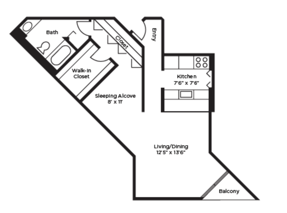 The floor plan features a compact layout with distinct areas. The entry leads into a kitchen measuring 7'6" x 7'6", adjacent to a living/dining area that is 12'5" x 13'6". A sleeping alcove, sized 8' x 11', is positioned near a walk-in closet and a bathroom. The design includes a balcony extending from the living/dining space. The overall shape of the layout is irregular, maximizing the use of space.
